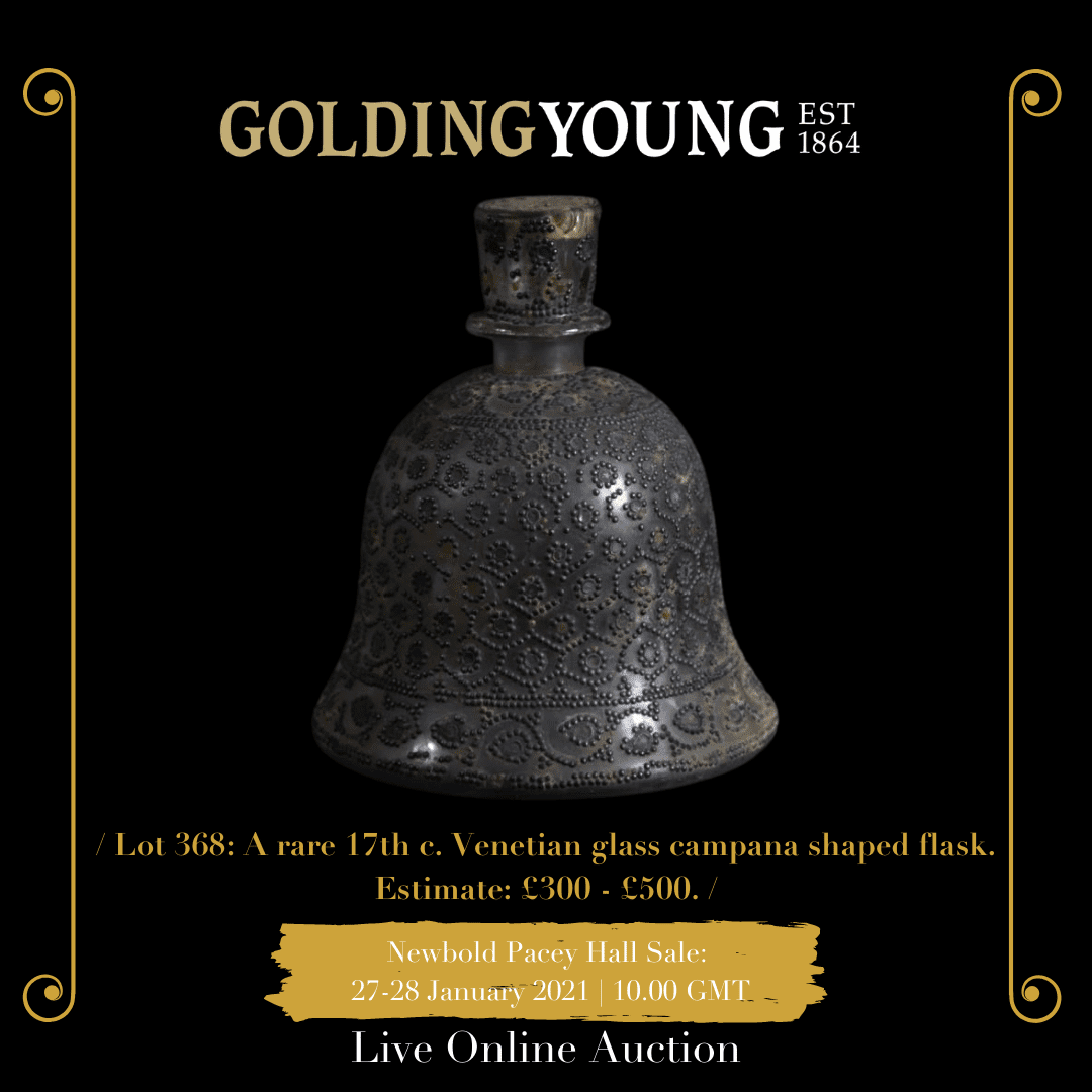 A rare 17thC Venetian glass campana shaped flask